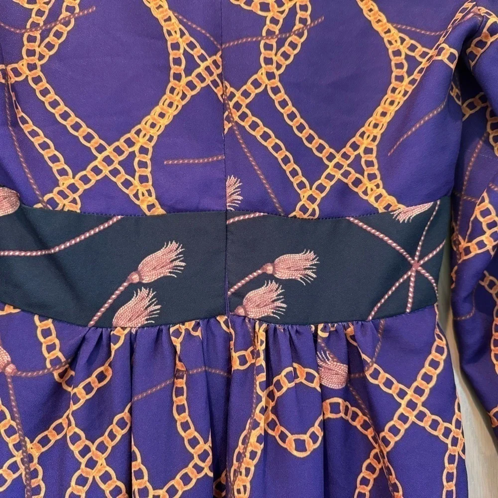 Neiman Marcus Vintage Dress Purple Chain Print V Neck Midi Dress / 2